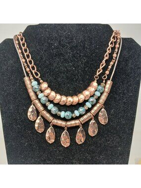 Premier Designs Prestley Layered Copper Aqua Necklace W/Stretch Bracelets Set J8